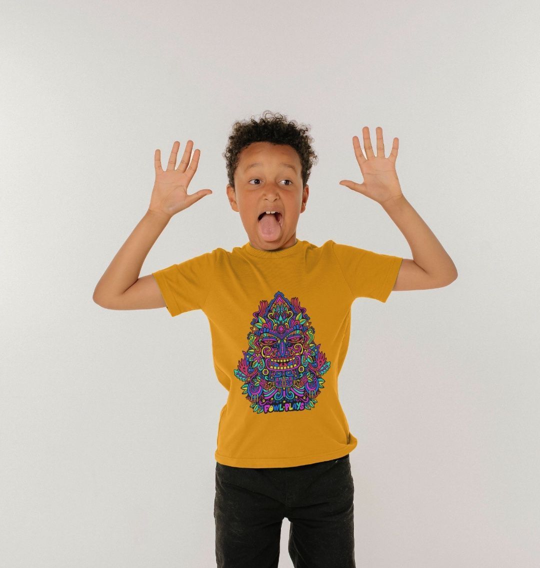 Organic Cotton Mustard Kids T-shirt featuring Triangular Mask Primary by Fowl Plays - Sustainable Fashion and Art At Fowl Plays