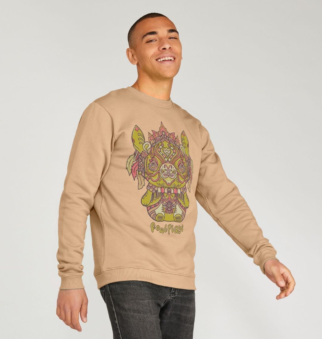 Organic Cotton Sand Sweater featuring a Bunny Bear Forest Spirit by Fowl Plays - Sustainable Fashion and Art At Fowl Plays