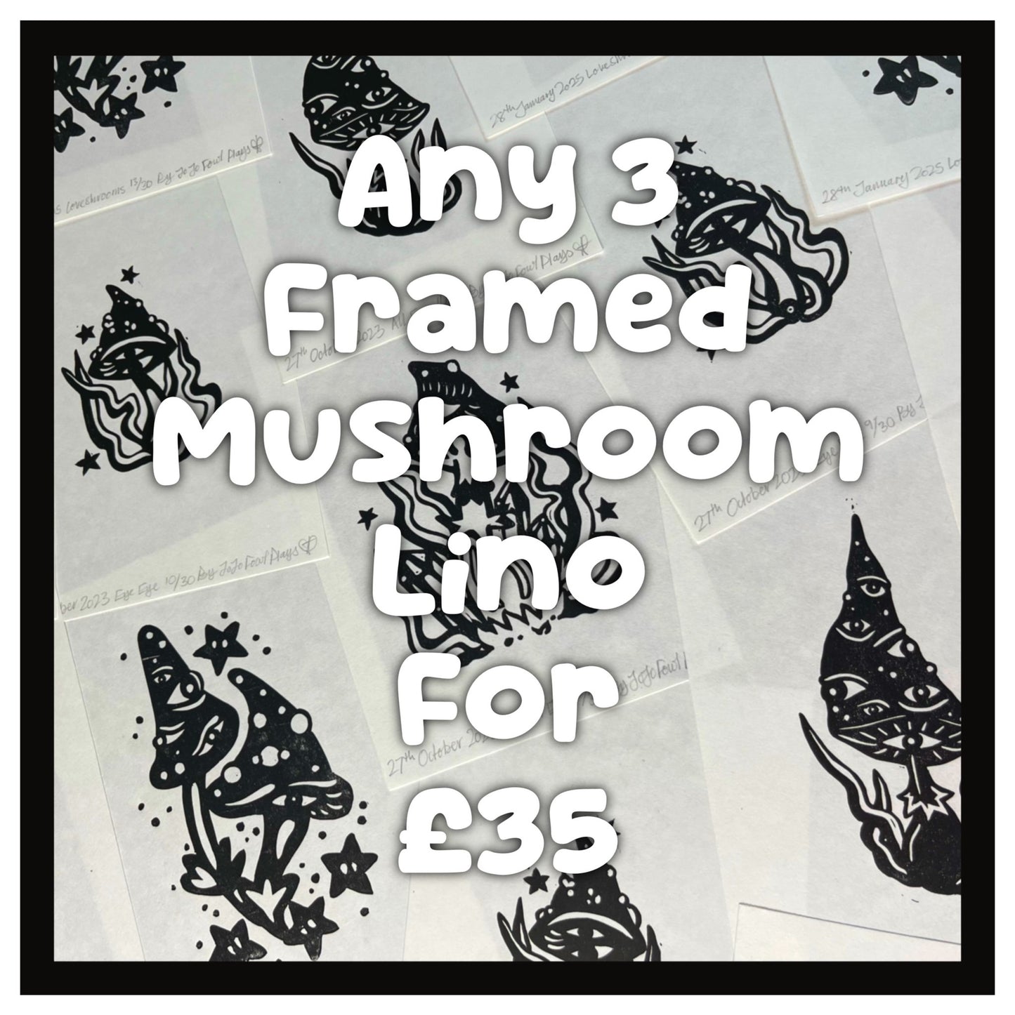 Framed Mini Mushroom Lino Print Bundle