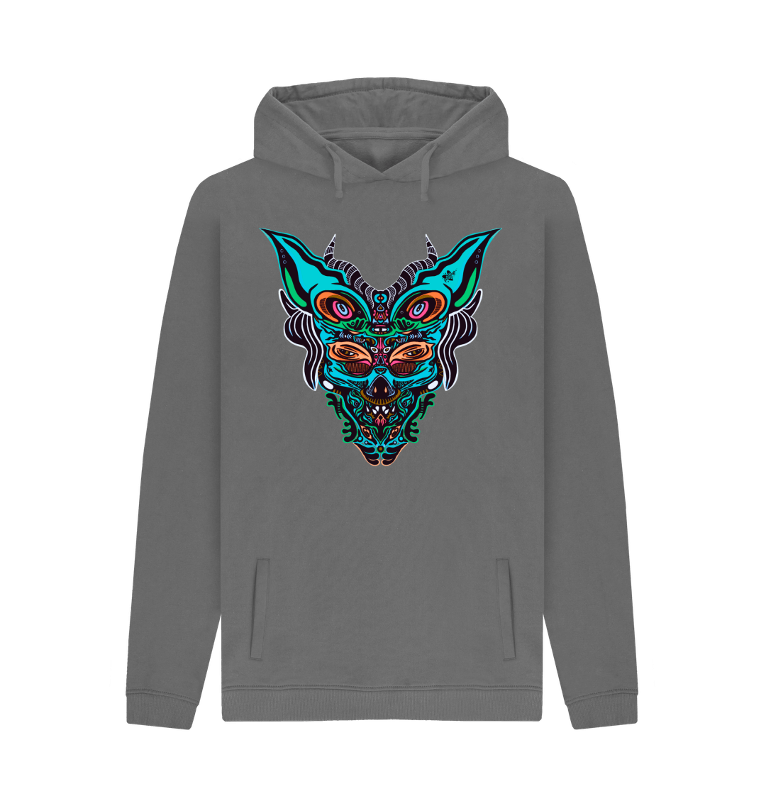 Organic Cotton Slate Grey Hoodie featuring Cyberpunk Dog Boy Blue by Fowl Plays - Sustainable Fashion and Art At Fowl Plays.