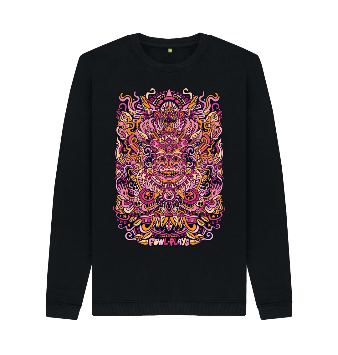 Black Psychedelic Mask Organic Cotton Unisex Sweater Fire Print