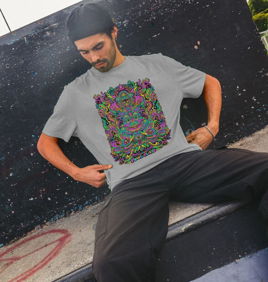 Organic Cotton Athletic Grey T-shirt featuring a Psychedelic Mask Bright Pastel Edition by Fowl Plays - Sustainable Fashion and Art At Fowl Plays