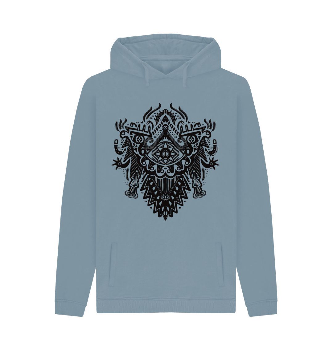 Organic Cotton Stone Blue Hoodie featuring Witch Doctor by Fowl Plays - Sustainable Fashion and Art At Fowl Plays.