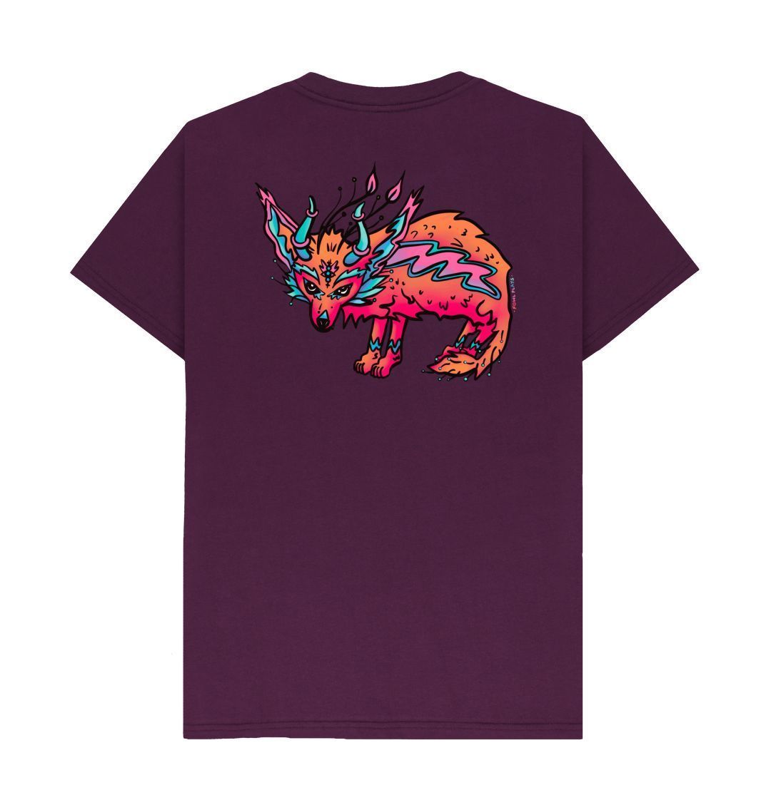 Reverse side Organic Cotton Purple T-shirt featuring a fantasy Fennec Fox by Fowl Plays - Sustainable Fashion and Art At Fowl Plays