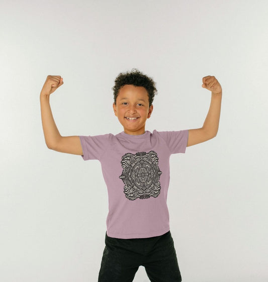 Organic Cotton Mauve Kids T-shirt featuring Pirate Plays Black and White by Fowl Plays - Sustainable Fashion and Art At Fowl Plays.