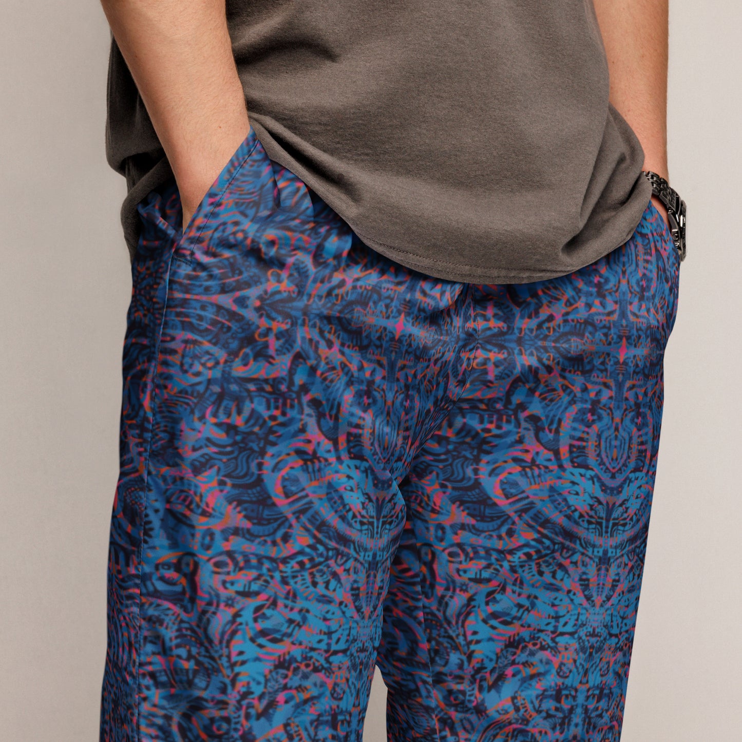 Blue and pink Kaleidoscope Mandala Joggers – unisex festival streetwear by Fowl Plays Print Emporium
