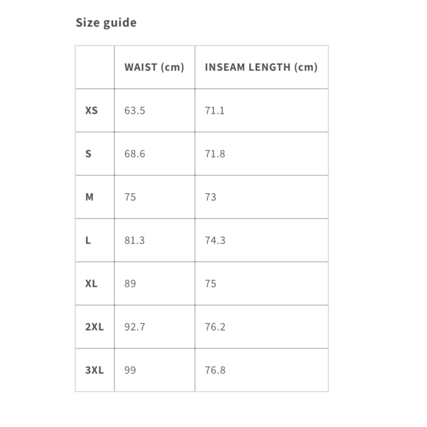size chart in cm for unisex joggers