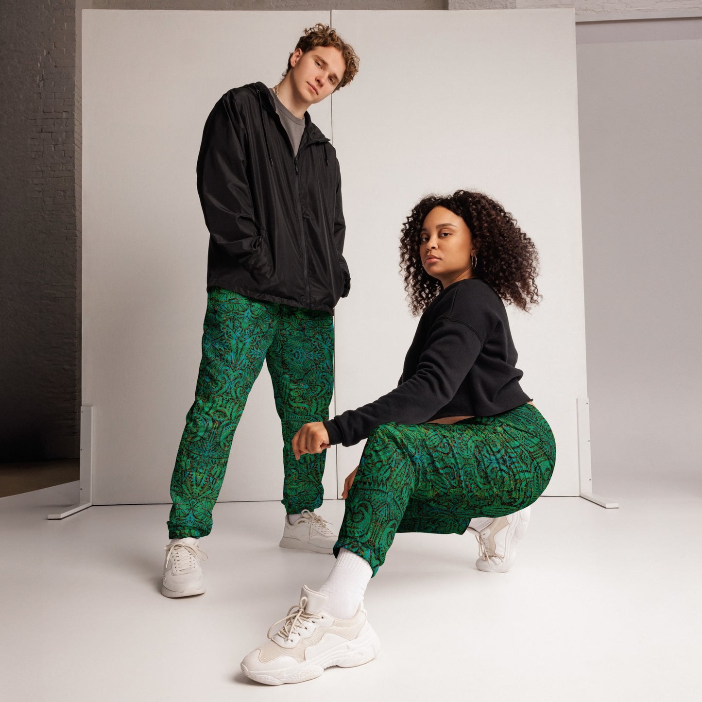 Turquoise and emerald green Desert Mirage Joggers – unisex festival streetwear by Fowl Plays Print Emporium
