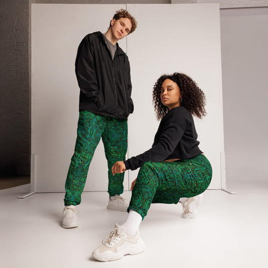 Turquoise and emerald green Desert Mirage Joggers – unisex festival streetwear by Fowl Plays Print Emporium