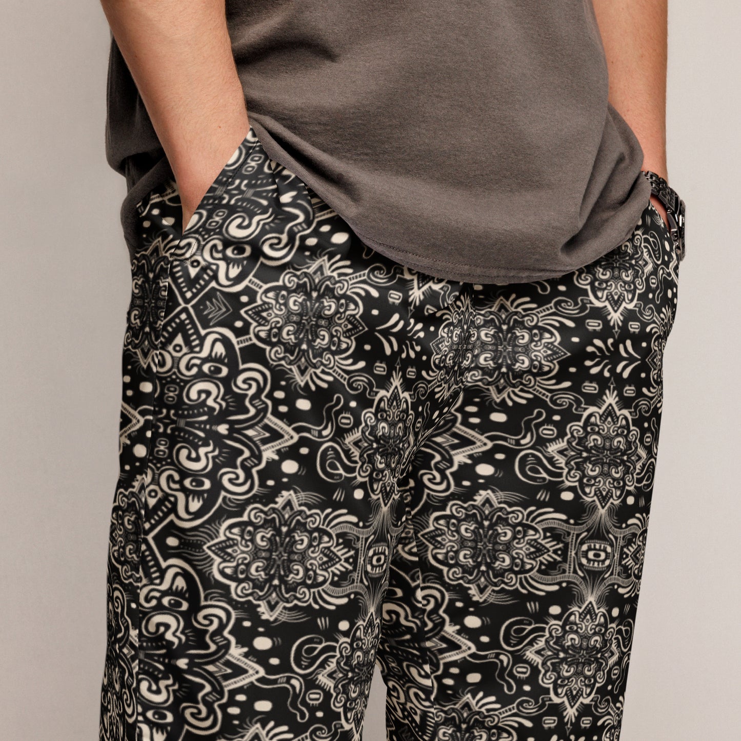 Black and white Catnip Joggers – unisex festival streetwear by Fowl Plays Print Emporium