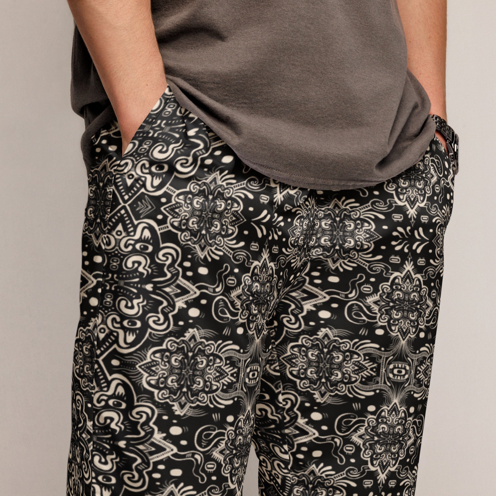 Black and white Catnip Joggers – unisex festival streetwear by Fowl Plays Print Emporium