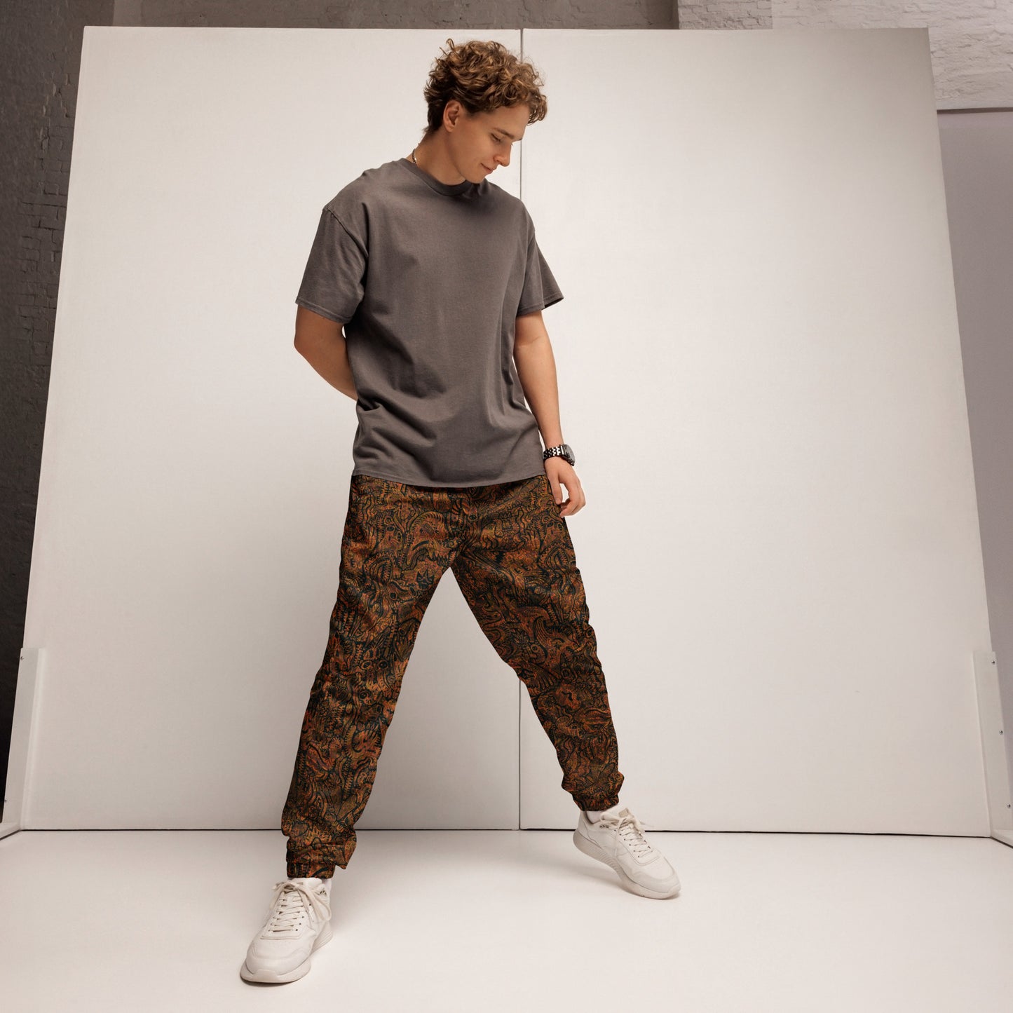 Brown and orange Dinosaur Nan Edition Joggers – unisex festival streetwear by Fowl Plays Print Emporium