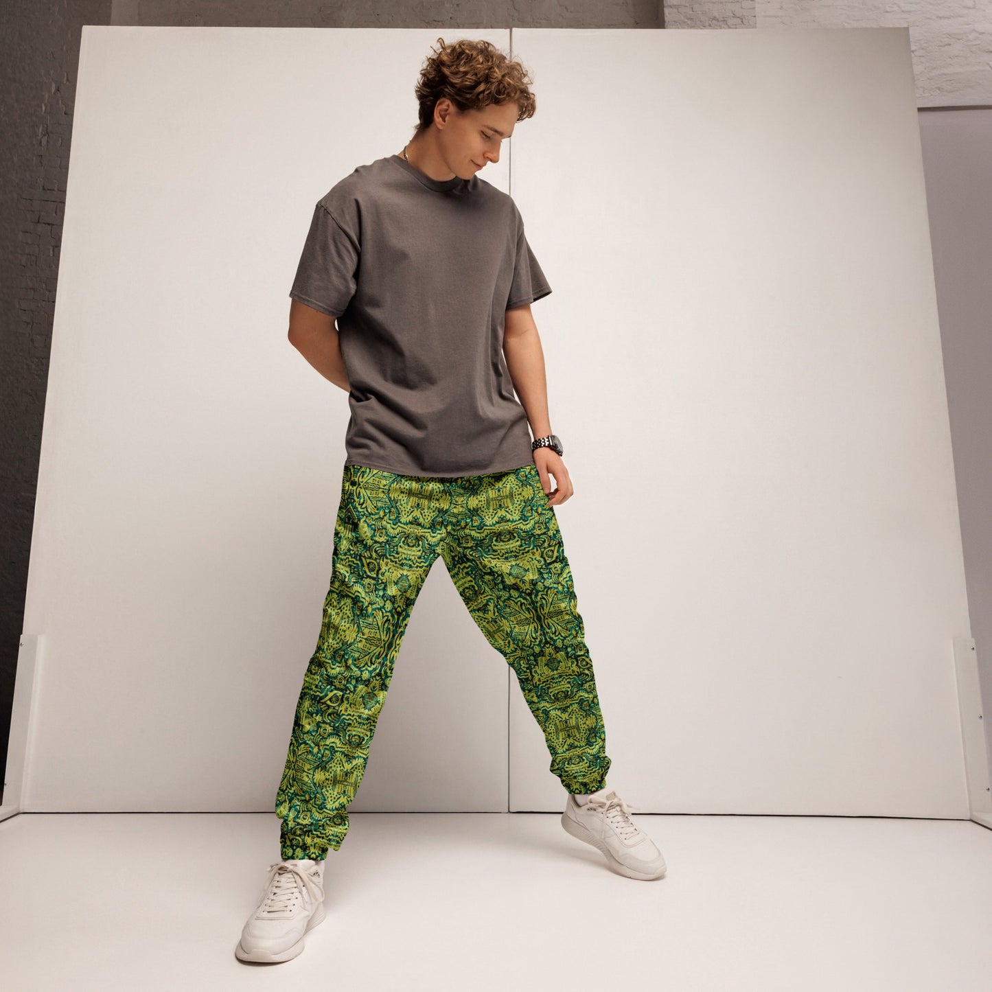 Green and lemon Ministry of Souls Joggers – unisex 90s dance festival streetwear by Fowl Plays Print Emporium