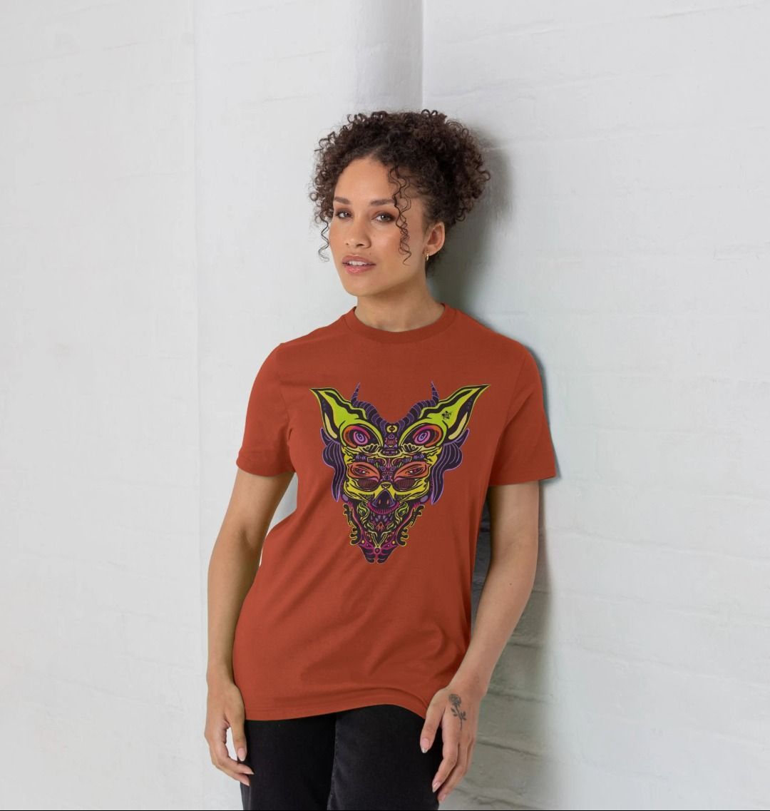 Organic Cotton Rust T-shirt featuring Cyberpunk Dog Boy by Fowl Plays - Sustainable Fashion and Art At Fowl Plays