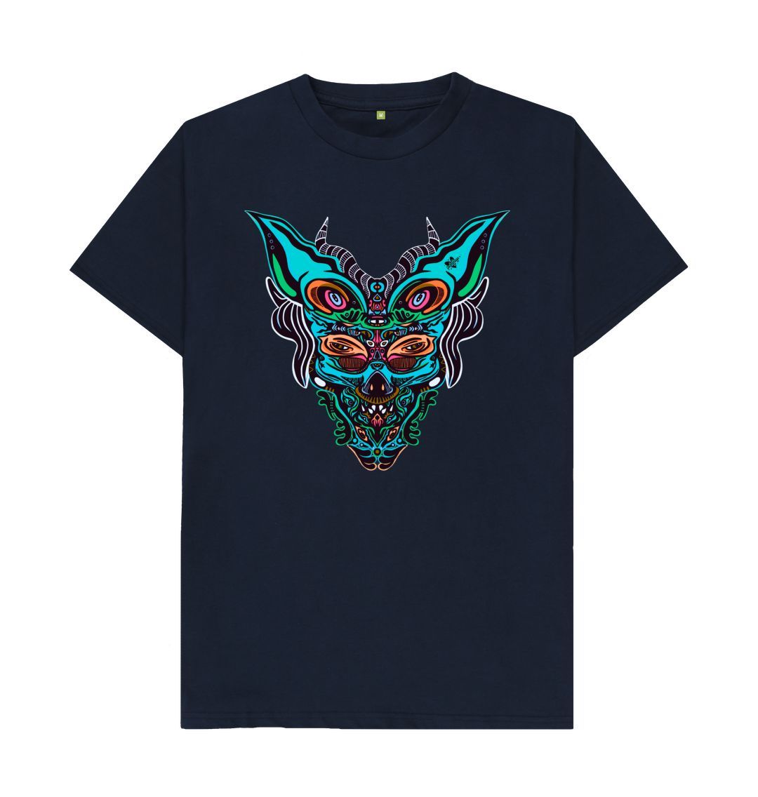 Organic Cotton Navy Blue T-shirt featuring Cyberpunk Dog Boy by Fowl Plays - Sustainable Fashion and Art At Fowl Plays