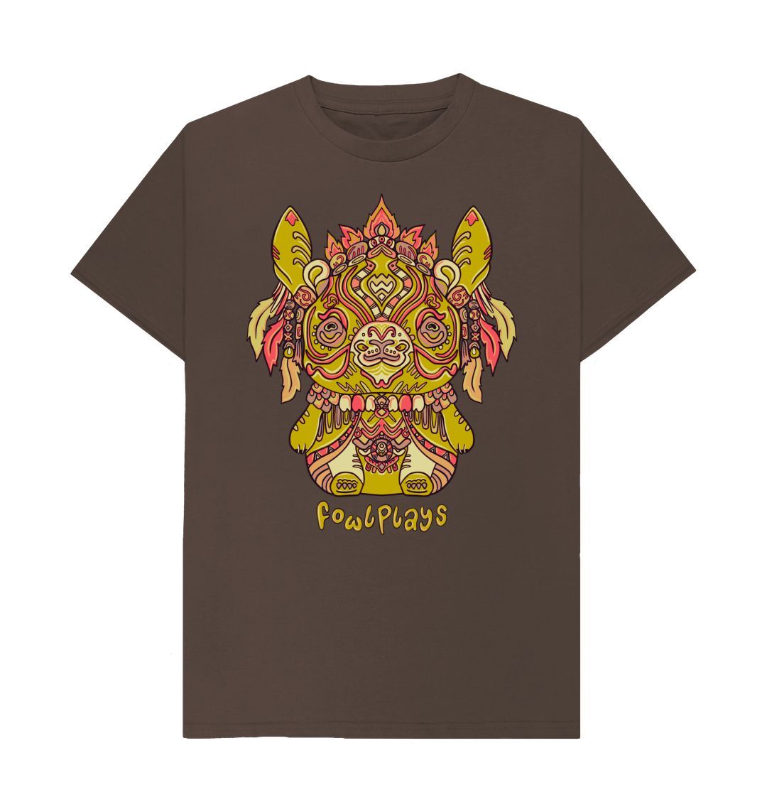 Organic Cotton Chocolate T-shirt featuring a Bunny Bear Forest Spirit by Fowl Plays - Sustainable Fashion and Art At Fowl Plays.