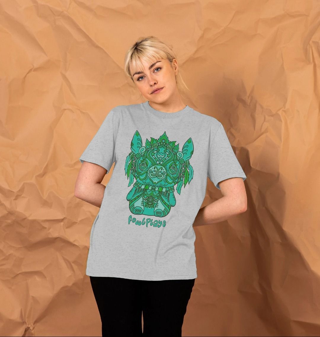 Organic Cotton Grey Recycled T-shirt featuring a Bunny Bear Forest Spirit by Fowl Plays - Sustainable Fashion and Art At Fowl Plays