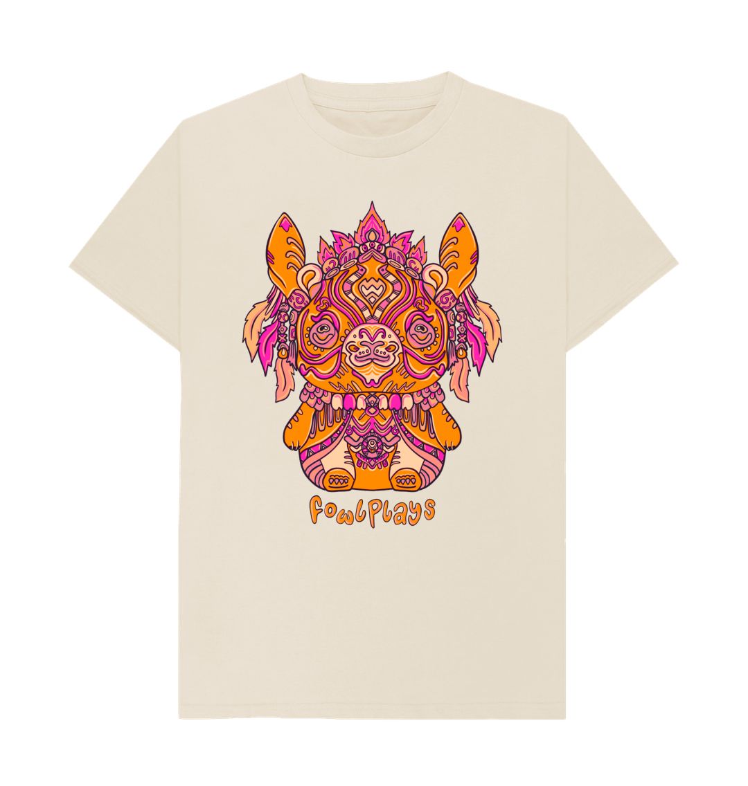 Organic Cotton Oat T-shirt featuring a Bunny Bear Forest Spirit by Fowl Plays - Sustainable Fashion and Art At Fowl Plays