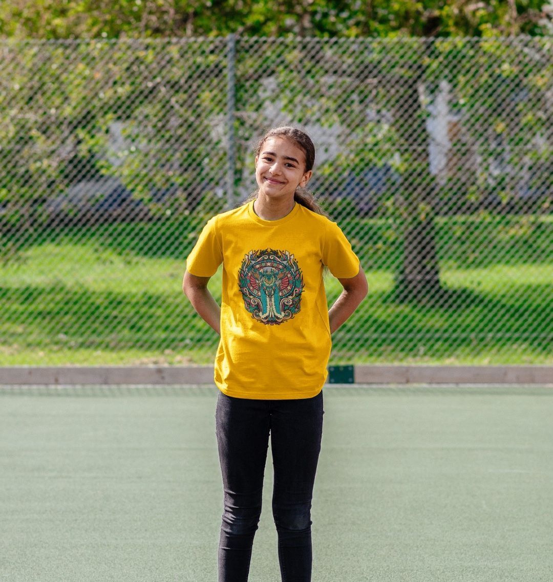 Flying Fire Lion by Fowl Plays on Kids Mustard Organic Cotton Unisex T-shirt Sustainable Fashion and Art At Fowl Plays