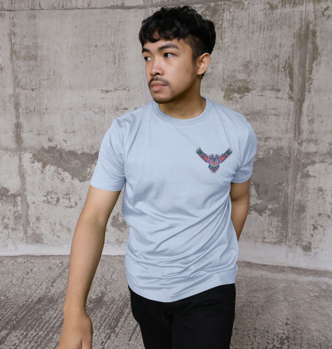 Flying Fire Lion by Fowl Plays on Sky Blue Organic Cotton Unisex Front & Back T-shirt Sustainable Fashion and Art At Fowl Plays