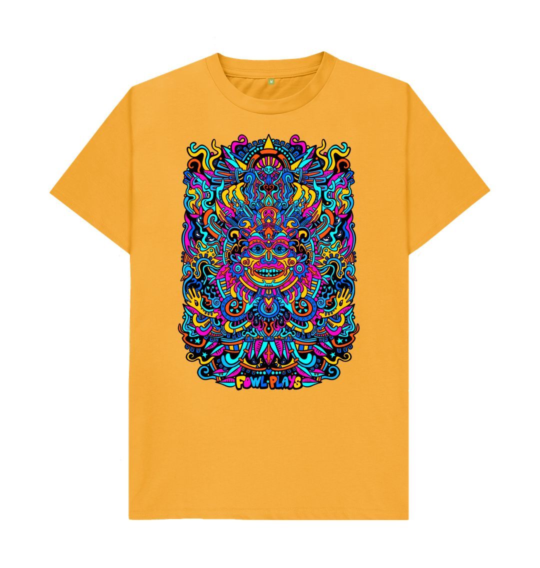 Organic Cotton Mustard T-shirt featuring a Psychedelic Mask Blue Edition by Fowl Plays - Sustainable Fashion and Art At Fowl Plays