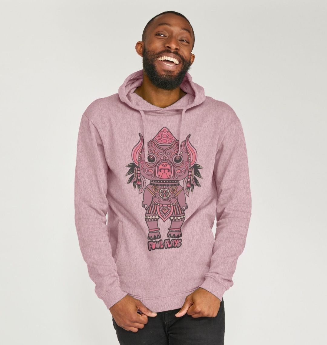 Organic Cotton Sunset Pink Recycled Hoodie featuring Tribal Pig Statue by Fowl Plays - Sustainable Fashion and Art At Fowl Plays.