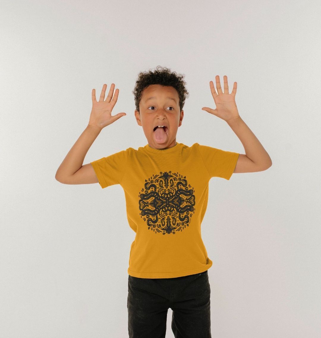 Organic Cotton Mustard Kids T-shirt featuring Squid Games by Fowl Plays - Sustainable Fashion and Art At Fowl Plays