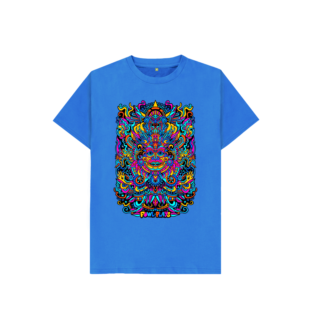 Organic Cotton Bright Blue Kids T-shirt featuring a Psychedelic Mask Blue Edition by Fowl Plays - Sustainable Fashion and Art At Fowl Plays