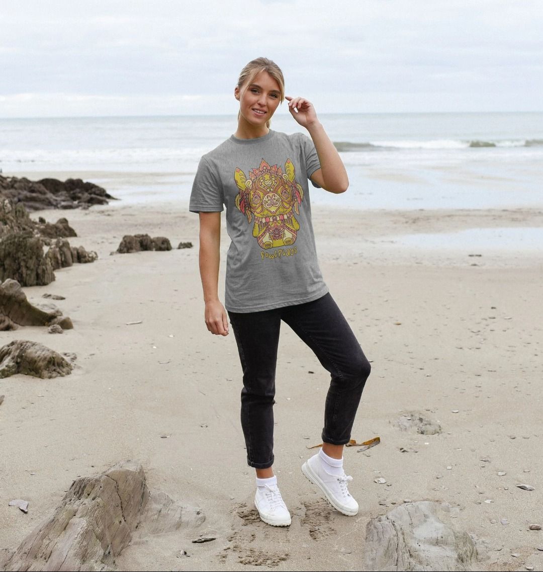 Organic Cotton Athletic Grey T-shirt featuring a Bunny Bear Forest Spirit by Fowl Plays - Sustainable Fashion and Art At Fowl Plays.