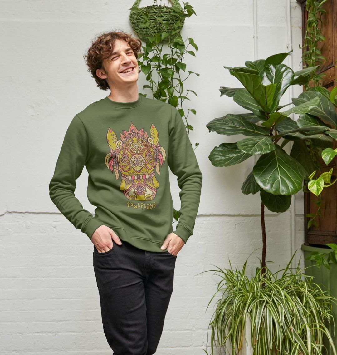 Organic Cotton Khaki Sweater featuring a Bunny Bear Forest Spirit by Fowl Plays - Sustainable Fashion and Art At Fowl Plays