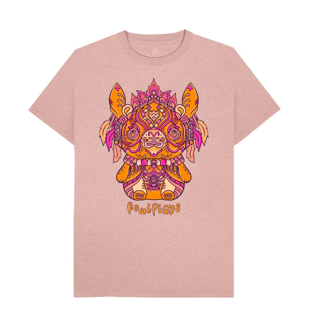 Organic Cotton Sunset Pink Recycled T-shirt featuring a Bunny Bear Forest Spirit by Fowl Plays - Sustainable Fashion and Art At Fowl Plays