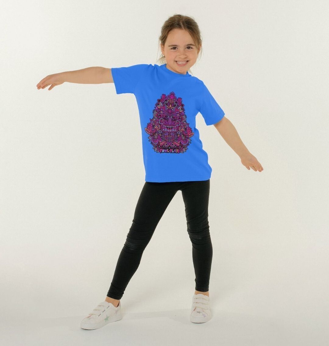 Organic Cotton Bright Blue Kids T-shirt featuring Triangular Mask Purple by Fowl Plays - Sustainable Fashion and Art At Fowl Plays