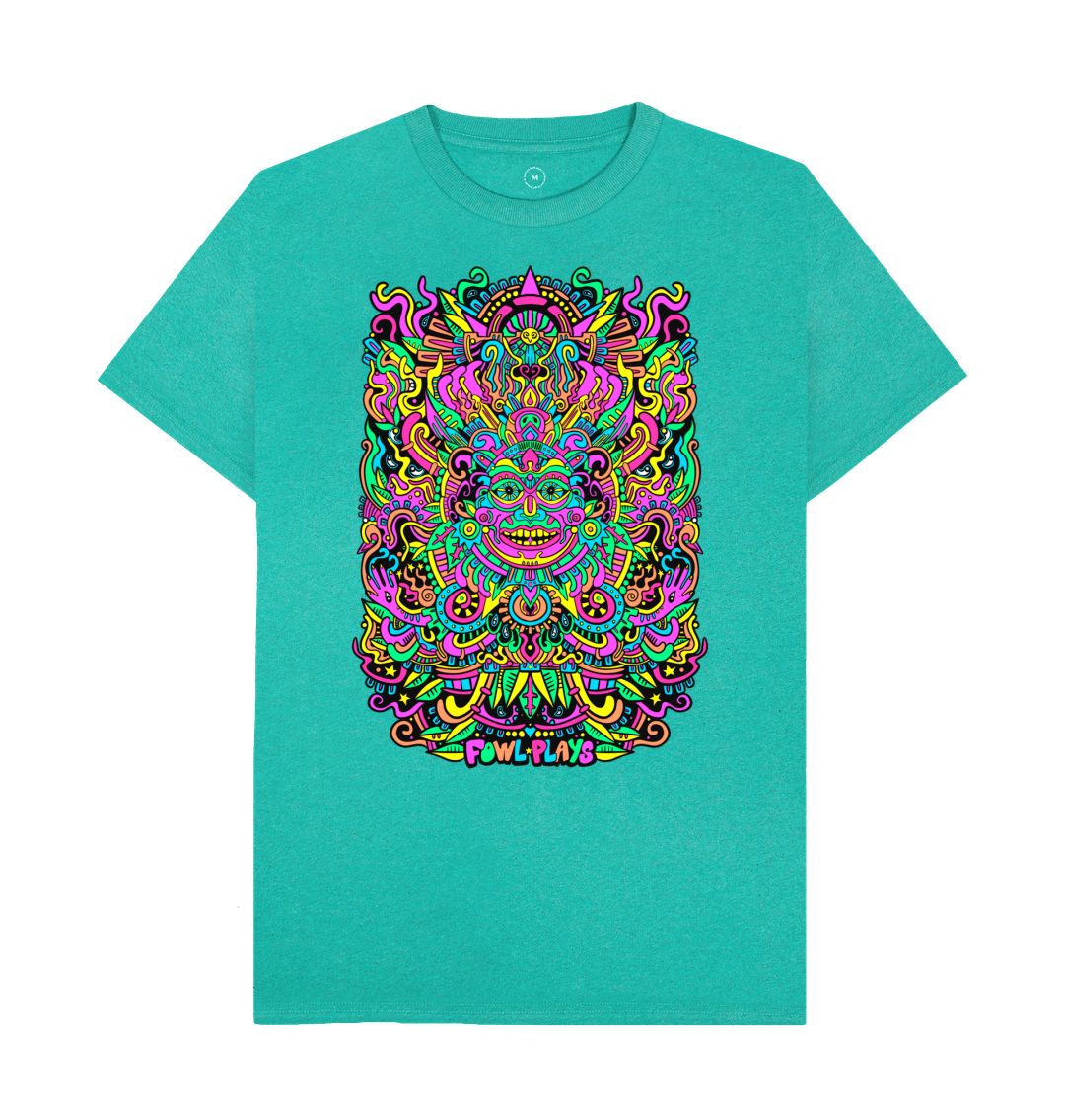 Organic Cotton Seagrass Green Recycled T-shirt featuring a Psychedelic Mask Bright Pastel Edition by Fowl Plays - Sustainable Fashion and Art At Fowl Plays