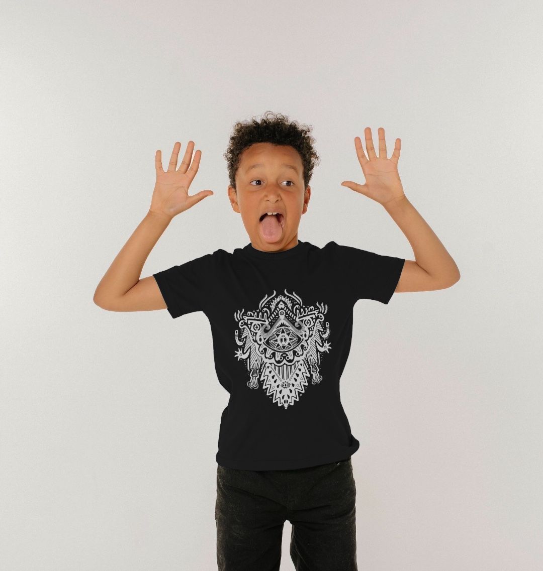 Organic Cotton Black Kids T-shirt featuring Witch Doctor White Print by Fowl Plays - Sustainable Fashion and Art At Fowl Plays