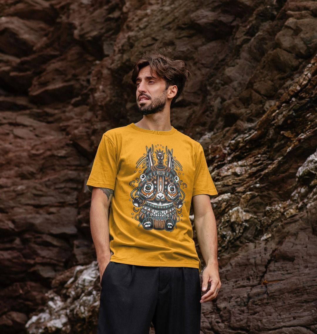 Cotton Mustard T-shirt featuring a Night Spirit by Fowl Plays - Sustainable Fashion and Art At Fowl Plays.