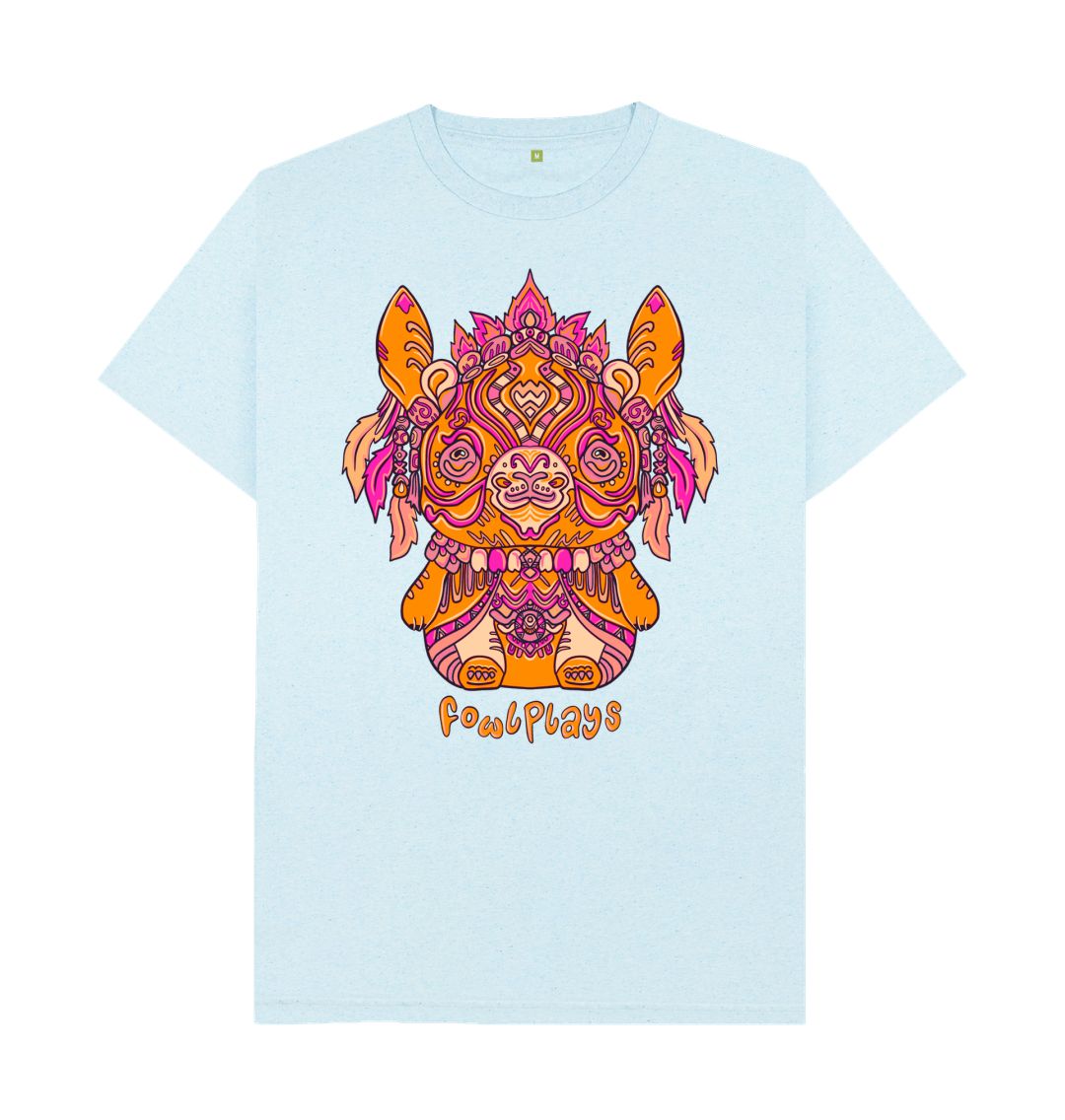 Organic Cotton Light Blue Recycled T-shirt featuring a Bunny Bear Forest Spirit by Fowl Plays - Sustainable Fashion and Art At Fowl Plays