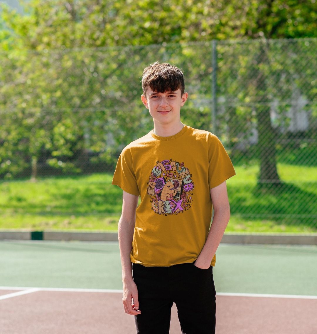 Organic Cotton Mustard Kids T-shirt featuring Raveasaurus Rex Orange by Fowl Plays - Sustainable Fashion and Art At Fowl Plays