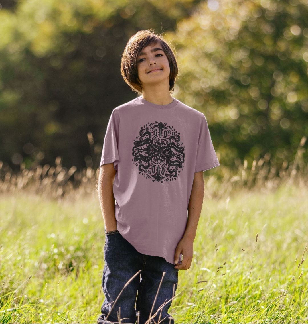 Organic Cotton Mauve Kids T-shirt featuring Squid Games by Fowl Plays - Sustainable Fashion and Art At Fowl Plays