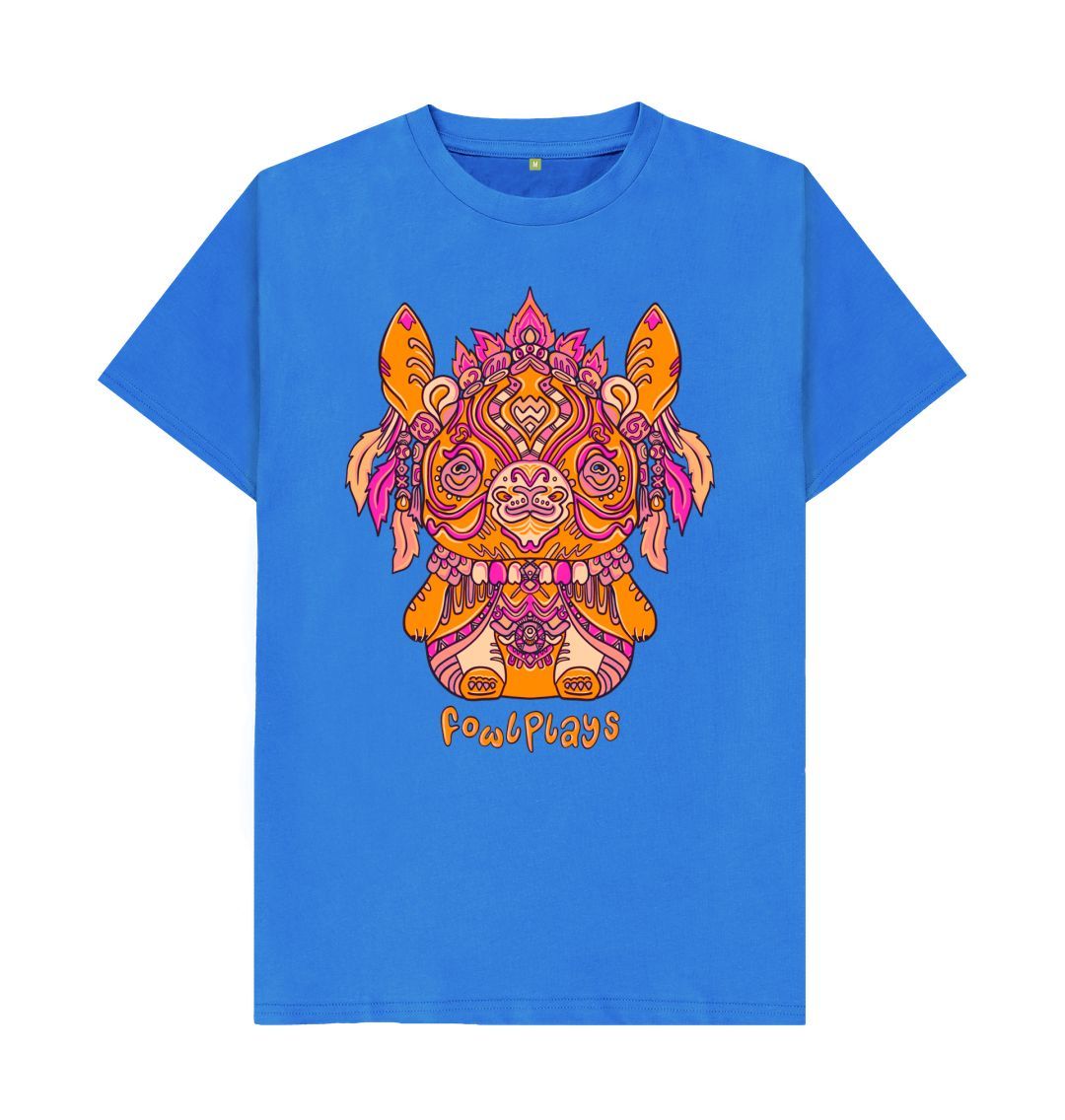 Organic Cotton Bright Blue T-shirt featuring a Bunny Bear Forest Spirit by Fowl Plays - Sustainable Fashion and Art At Fowl Plays