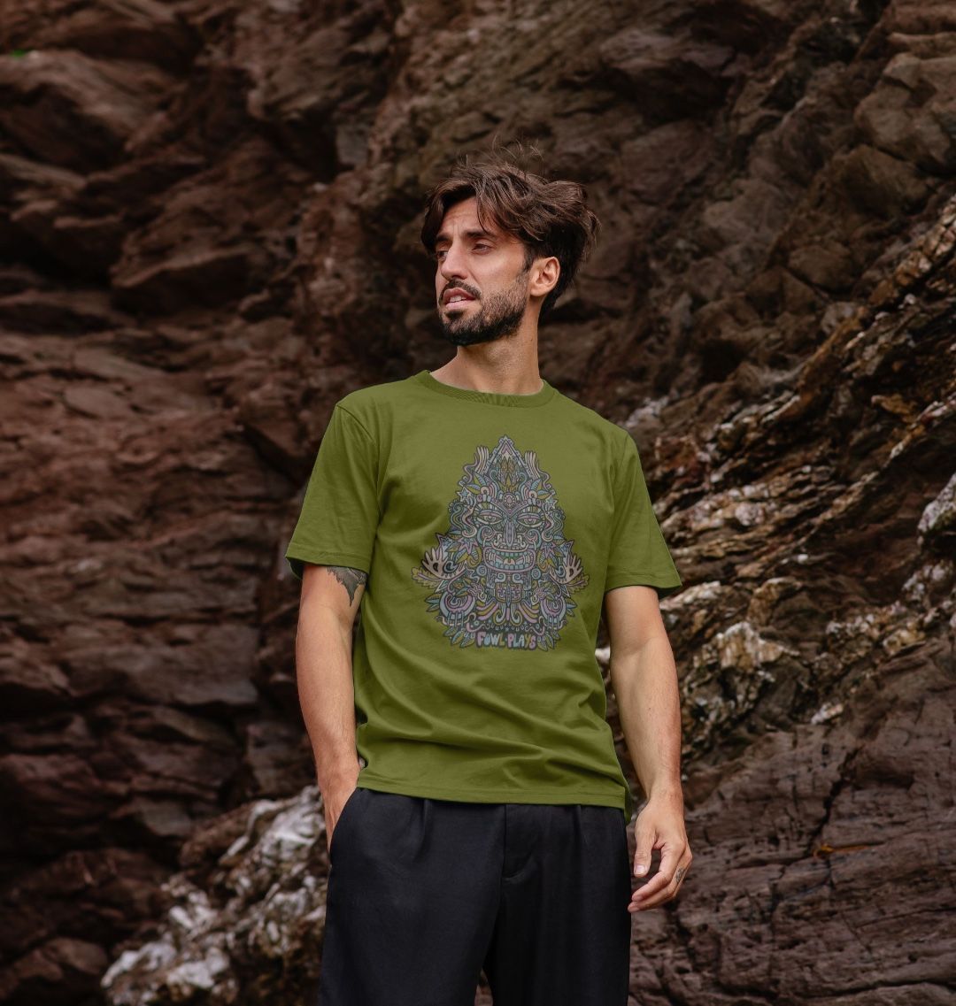 Organic Cotton Moss Green T-shirt featuring Triangular Mask Autumnal by Fowl Plays - Sustainable Fashion and Art At Fowl Plays