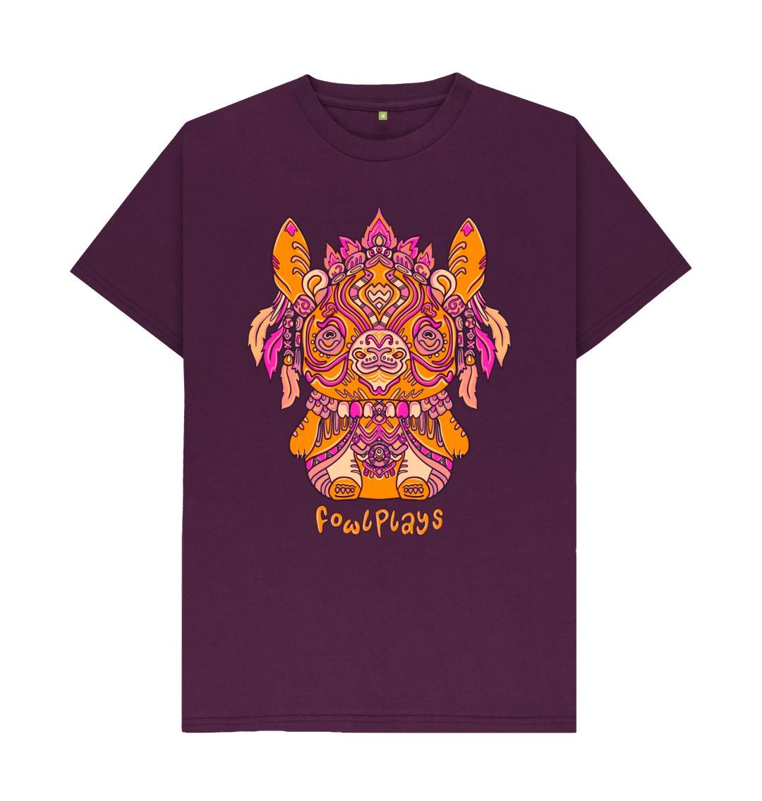 Organic Cotton Purple T-shirt featuring a Bunny Bear Forest Spirit by Fowl Plays - Sustainable Fashion and Art At Fowl Plays