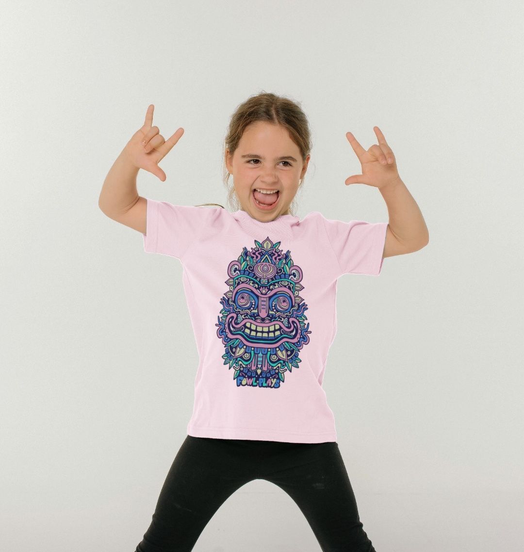 Organic Cotton Pink Kids T-shirt featuring Smiling Mask Pastel by Fowl Plays - Sustainable Fashion and Art At Fowl Plays