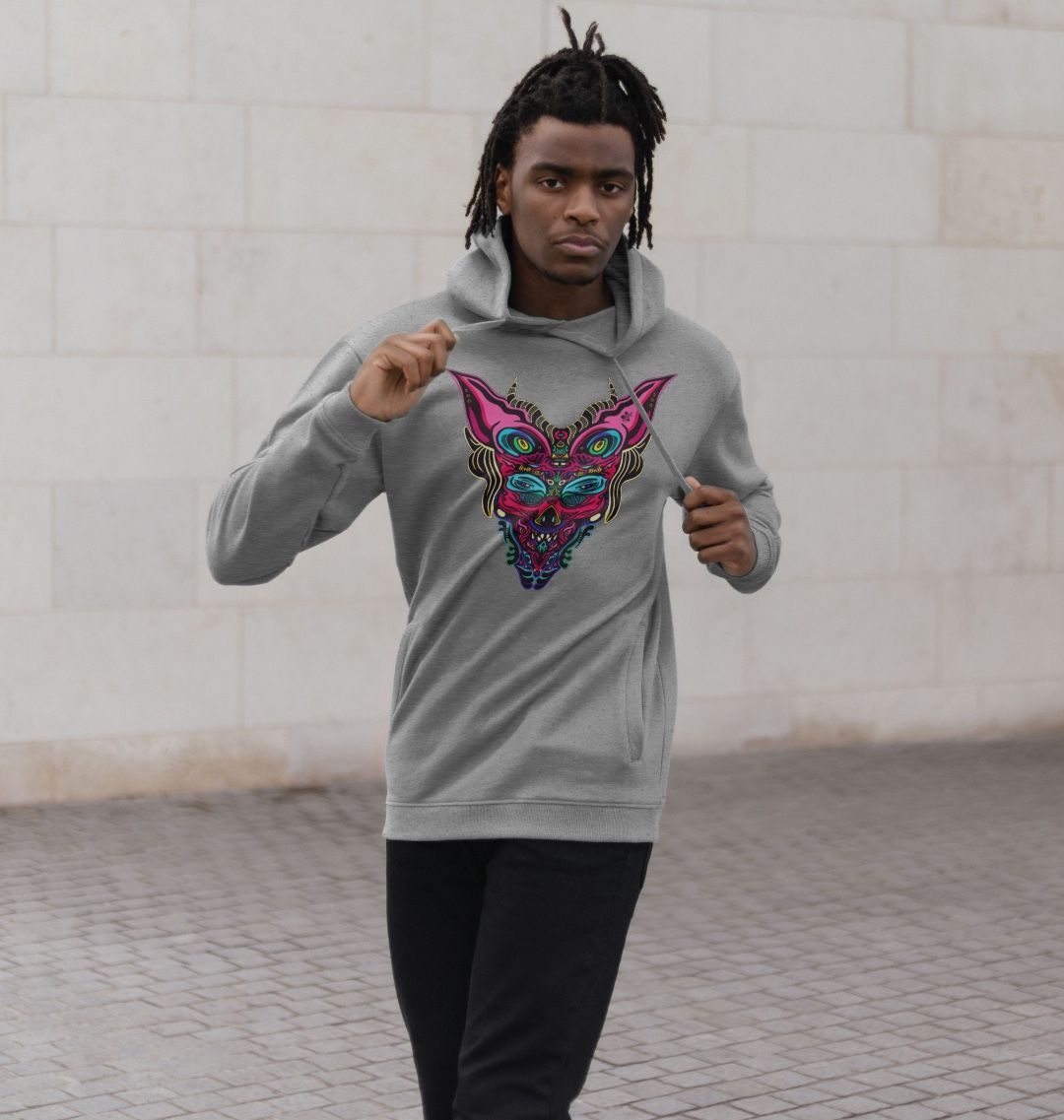 Organic Cotton Athletic Grey Hoodie featuring Cyberpunk Dog Boy Pink by Fowl Plays - Sustainable Fashion and Art At Fowl Plays.