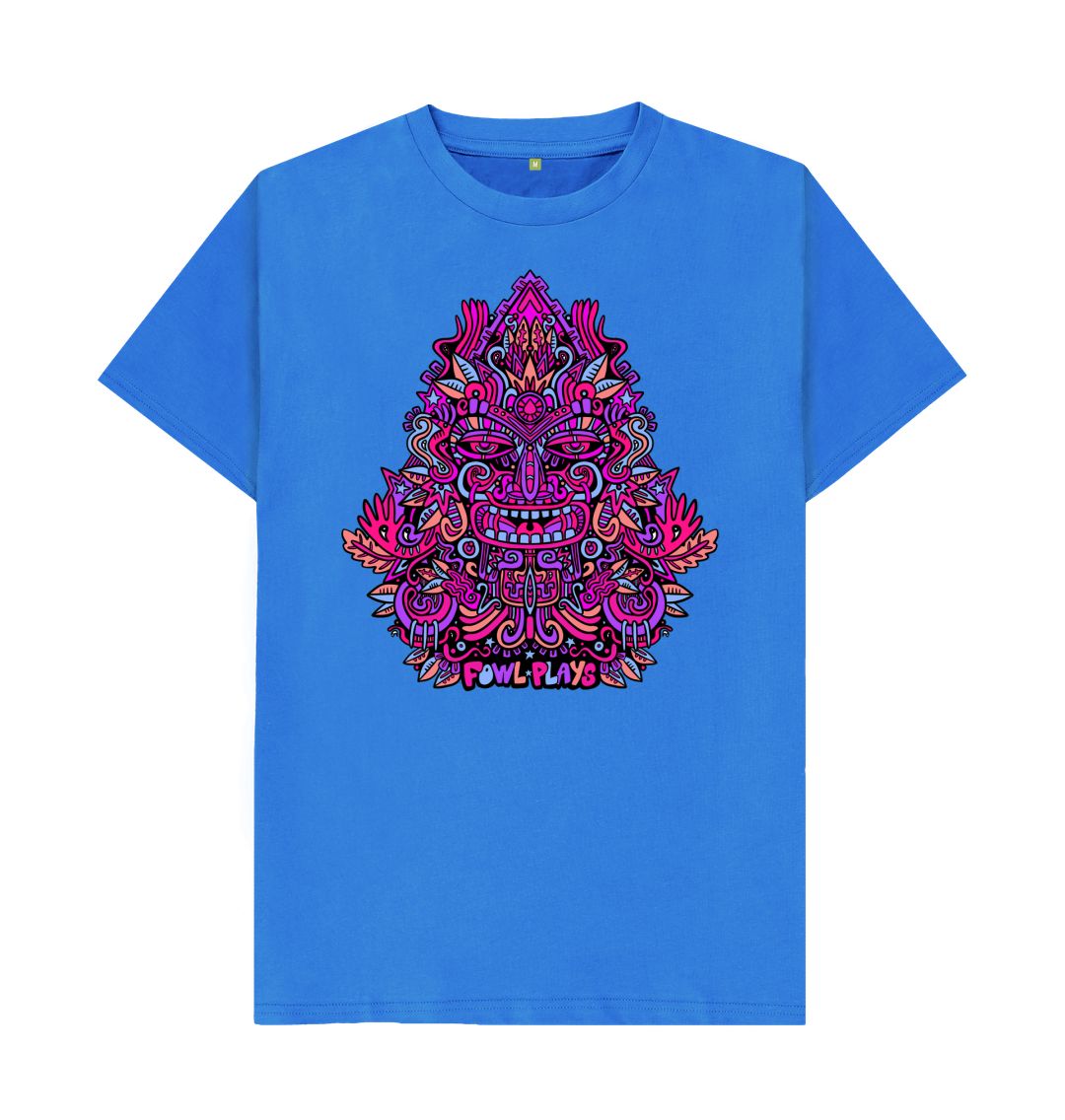 Organic Cotton Bright Blue T-shirt featuring Triangular Mask Purple by Fowl Plays - Sustainable Fashion and Art At Fowl Plays