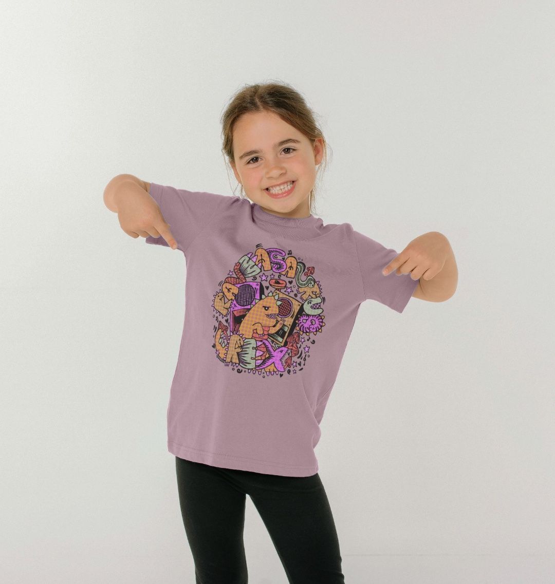 Organic Cotton Mauve Kids T-shirt featuring Raveasaurus Rex Orange by Fowl Plays - Sustainable Fashion and Art At Fowl Plays