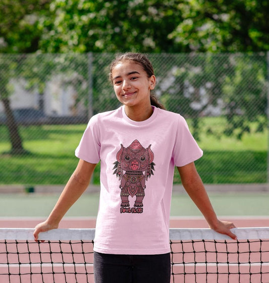 Organic Cotton Pink Kids T-shirt featuring Tribal Pig Statue by Fowl Plays - Sustainable Fashion and Art At Fowl Plays