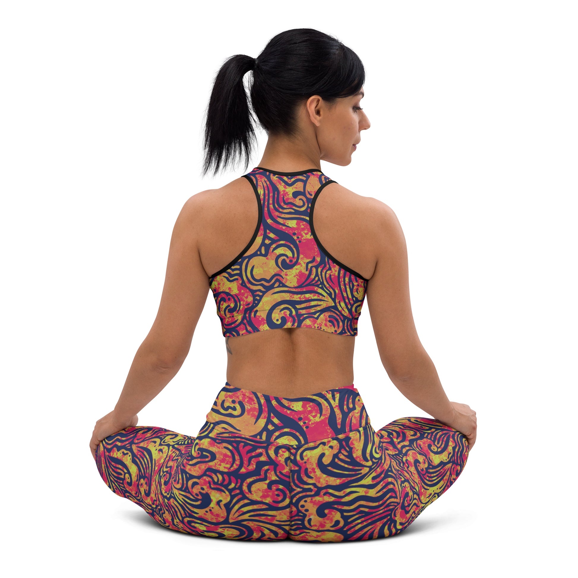 Orange, blue and pink wave-inspired psychedelic leggings and crop top designed by Fowl Plays Print Emporium.