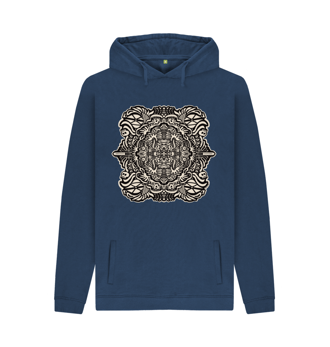 Organic Cotton Navy Blue Hoodie featuring Pirate Play Black and White by Fowl Plays - Sustainable Fashion and Art At Fowl Plays.