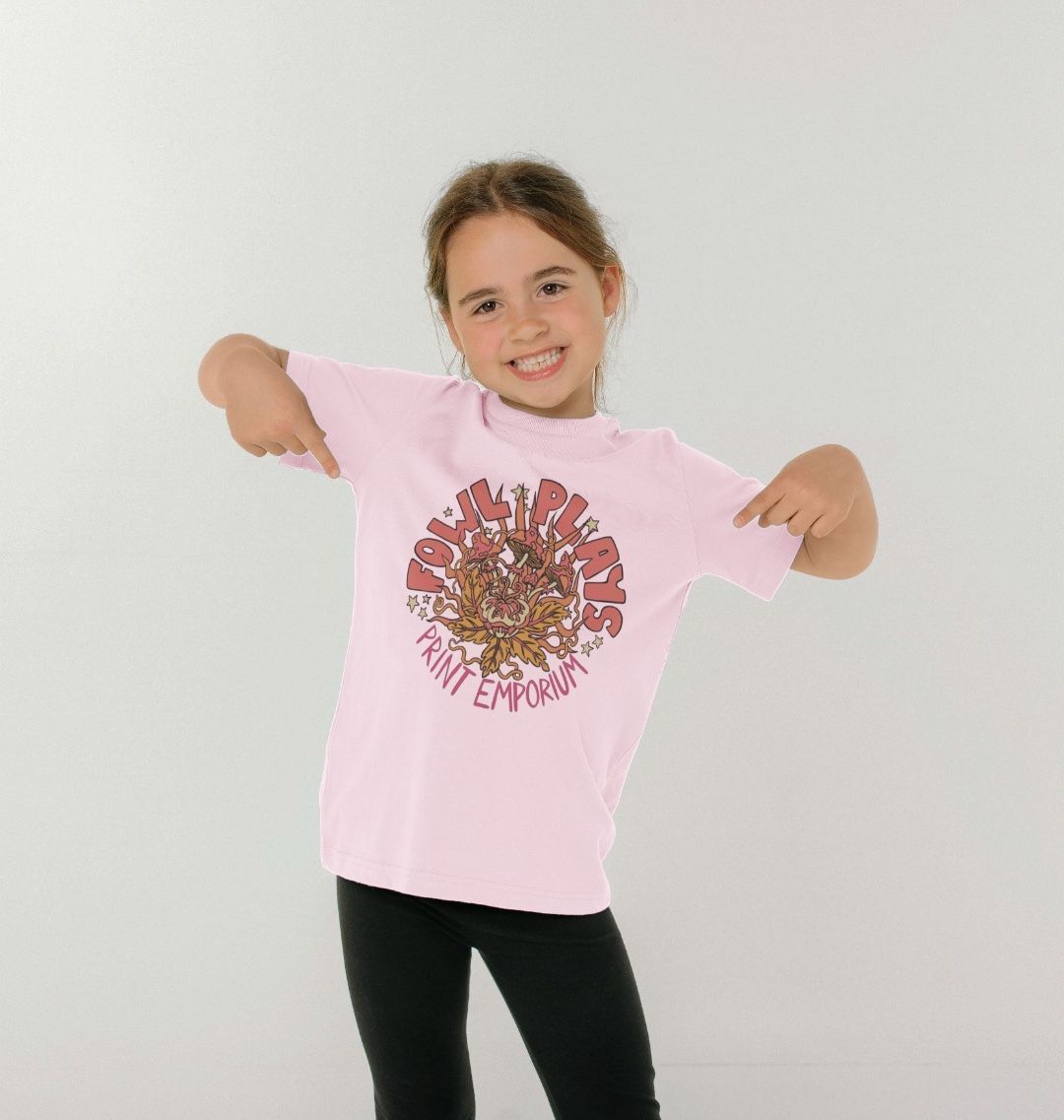 Fowl Plays Mushroom Delight Kids Unisex Organic Cotton T-shirt Pink