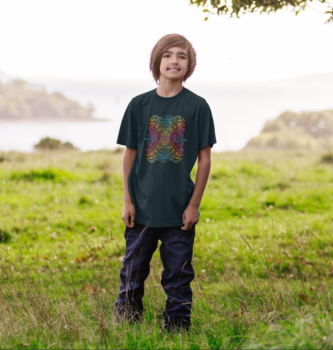 Organic Cotton Denim Blue Kids T-shirt featuring Pirate Plays Rainbow by Fowl Plays - Sustainable Fashion and Art At Fowl Plays